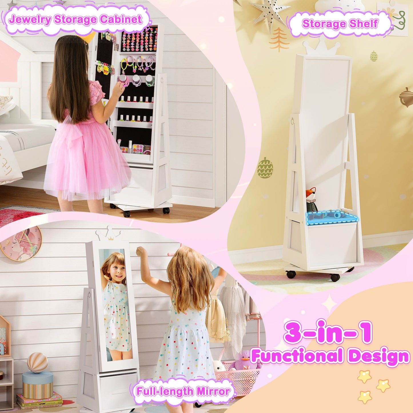 Kids Jewelry Armoire Cabinet with Swivel Base and Lockable Universal Wheels-White Kids Crystal