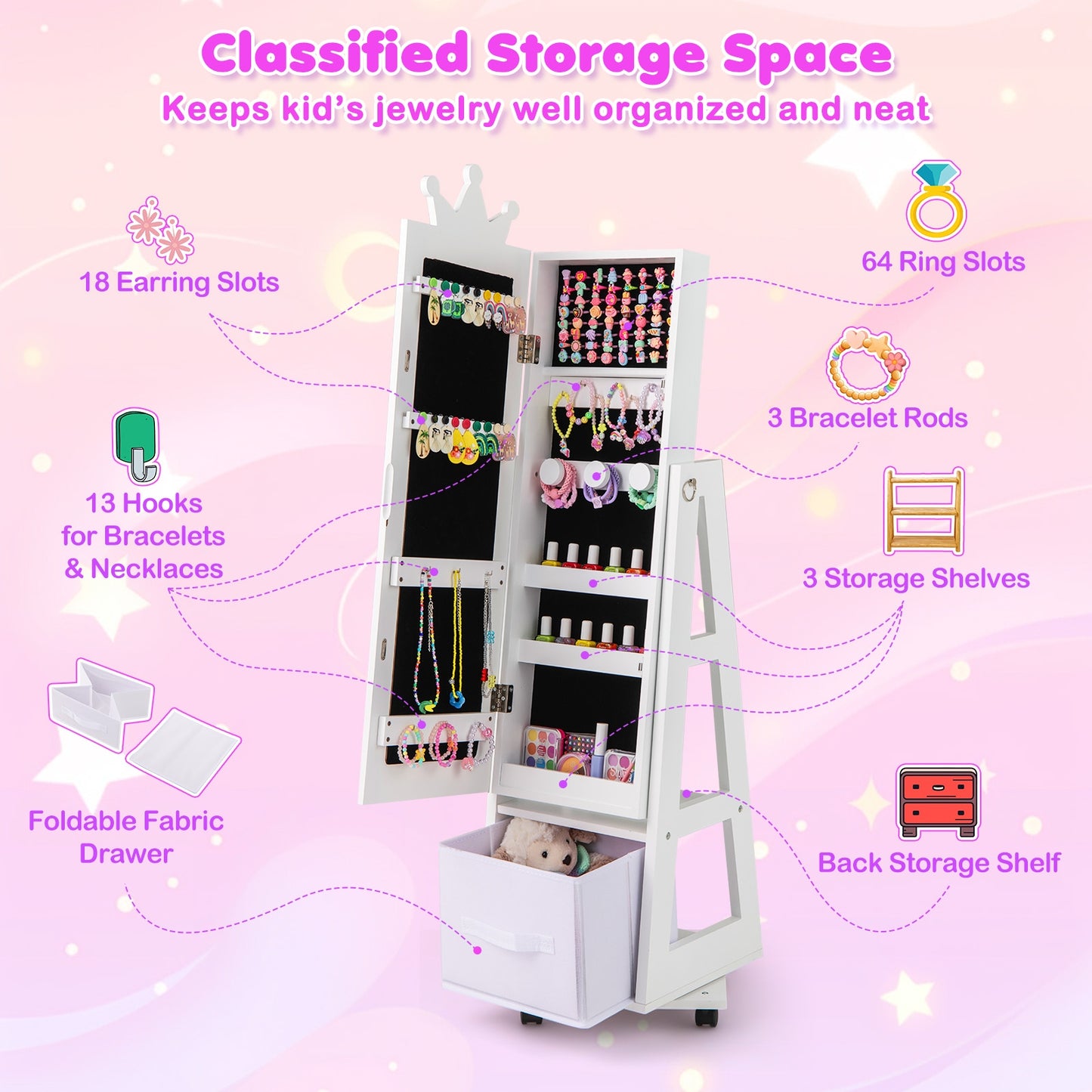 Kids Jewelry Armoire Cabinet with Swivel Base and Lockable Universal Wheels-White Kids Crystal