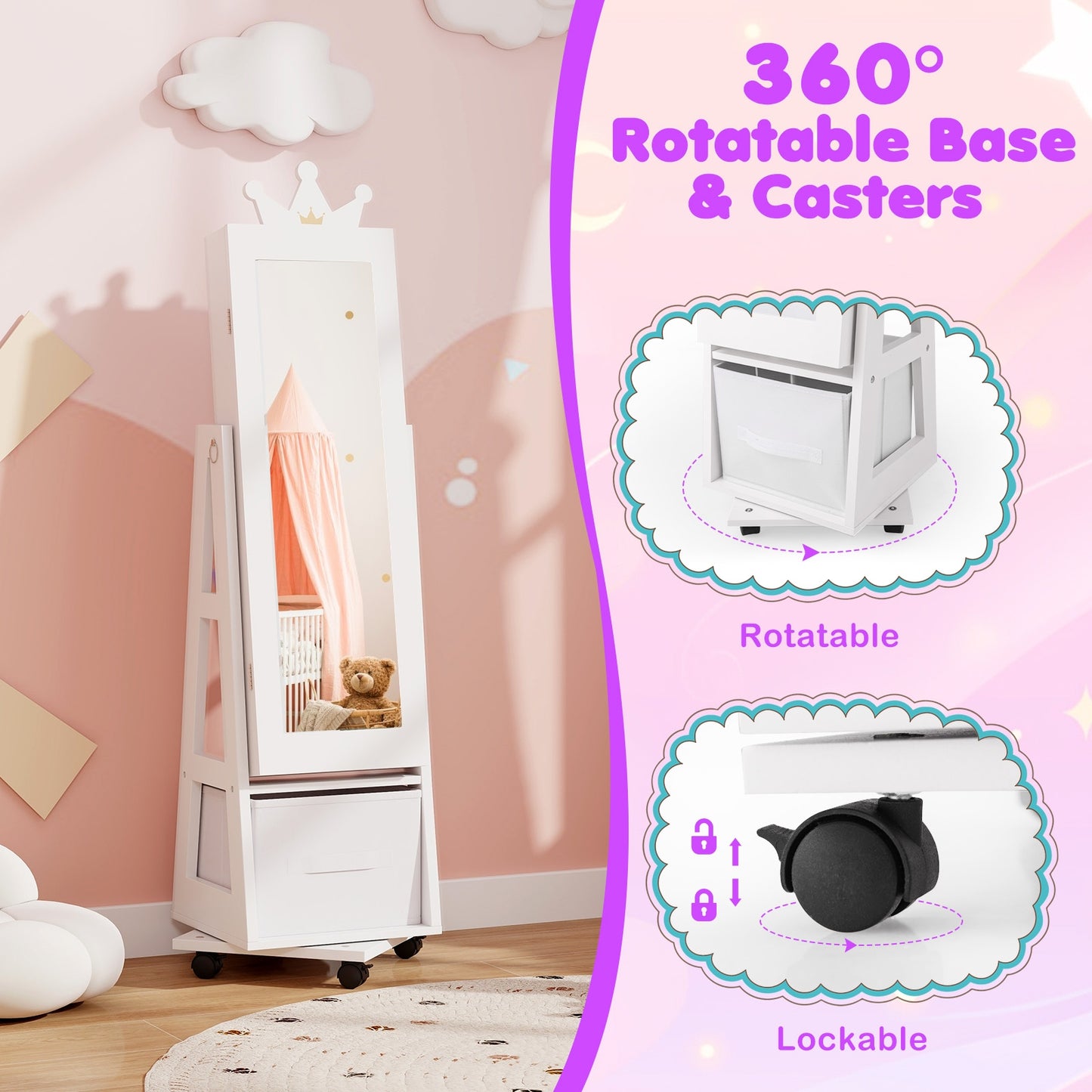 Kids Jewelry Armoire Cabinet with Swivel Base and Lockable Universal Wheels-White Kids Crystal