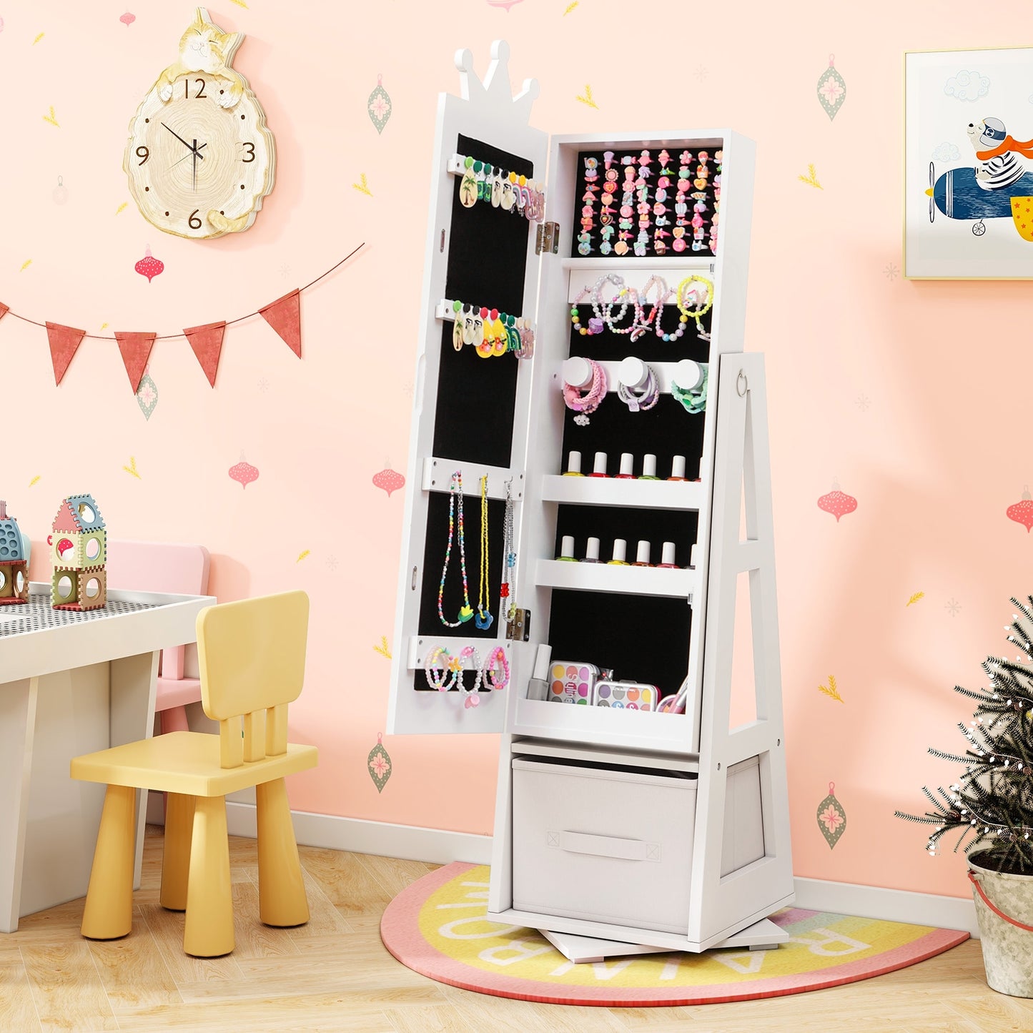 Kids Jewelry Armoire Cabinet with Large Storage Capacity and Swivel Base-White Kids Crystal