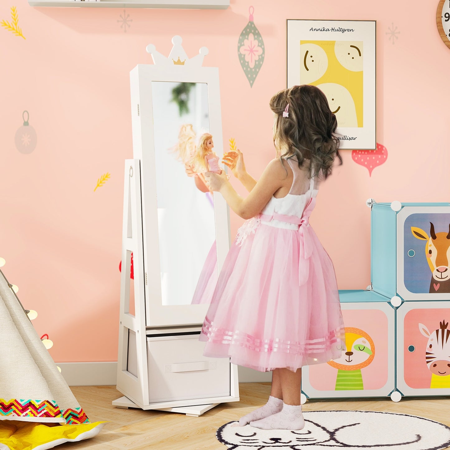Kids Jewelry Armoire Cabinet with Large Storage Capacity and Swivel Base-White Kids Crystal