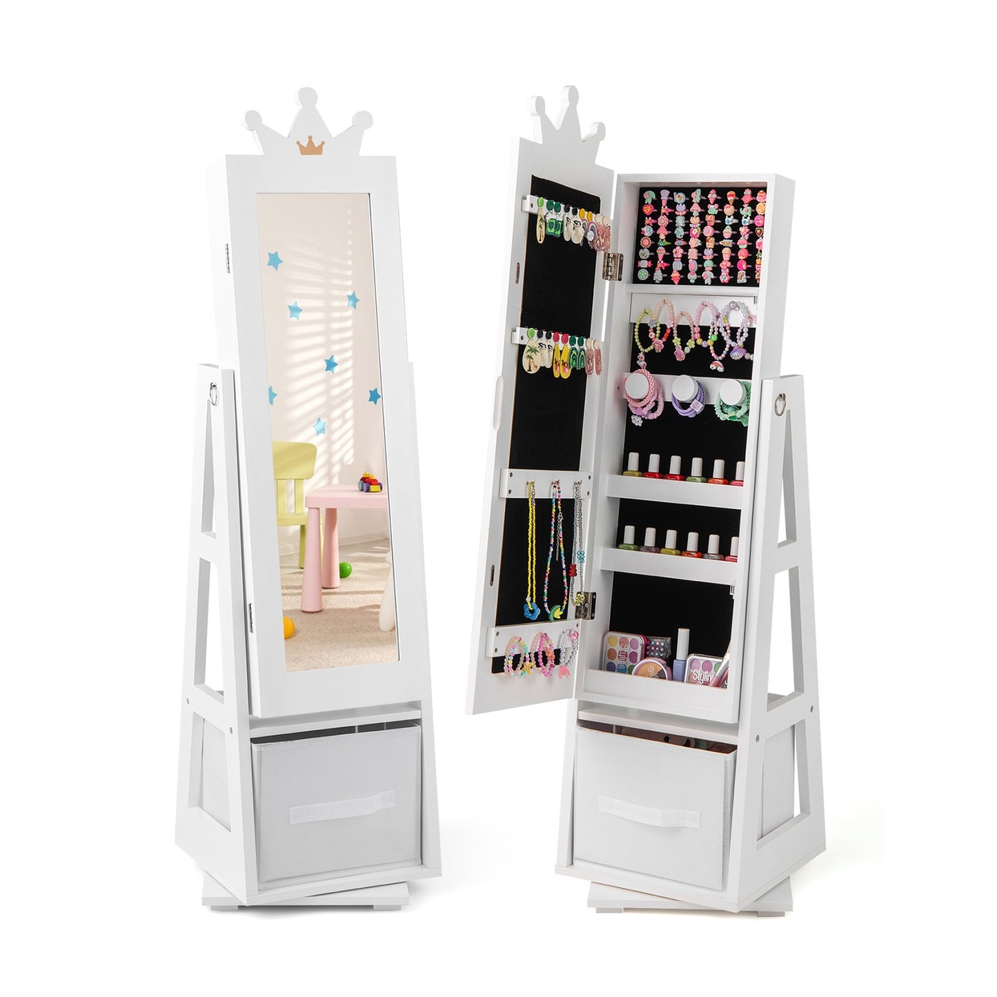 Kids Jewelry Armoire Cabinet with Large Storage Capacity and Swivel Base-White Kids Crystal