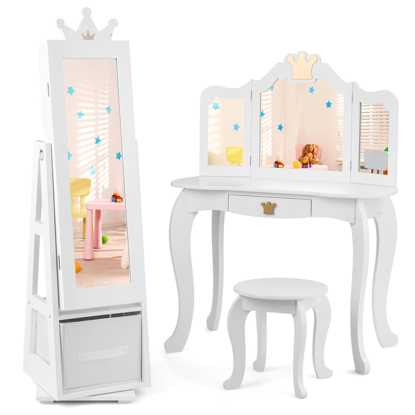 Kids Jewelry Armoire Cabinet with Large Storage Capacity and Swivel Base-White Kids Crystal