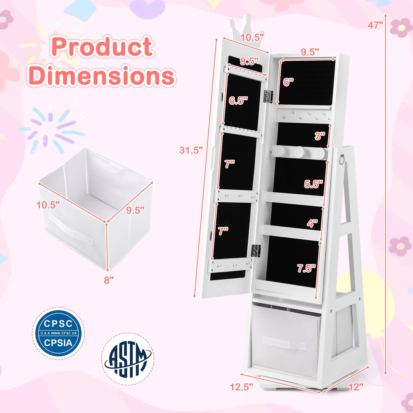 Kids Jewelry Armoire Cabinet with Large Storage Capacity and Swivel Base-White Kids Crystal