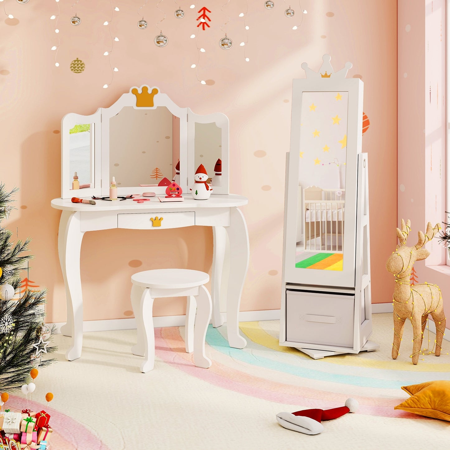 Kids Jewelry Armoire Cabinet with Large Storage Capacity and Swivel Base-White Kids Crystal