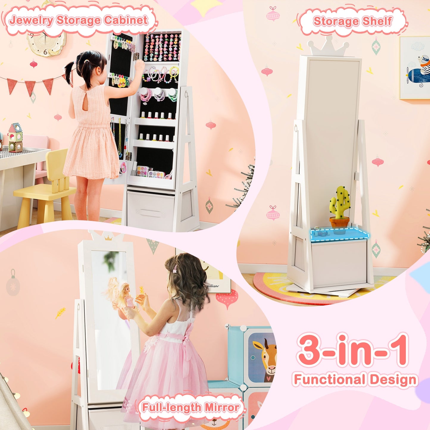 Kids Jewelry Armoire Cabinet with Large Storage Capacity and Swivel Base-White Kids Crystal