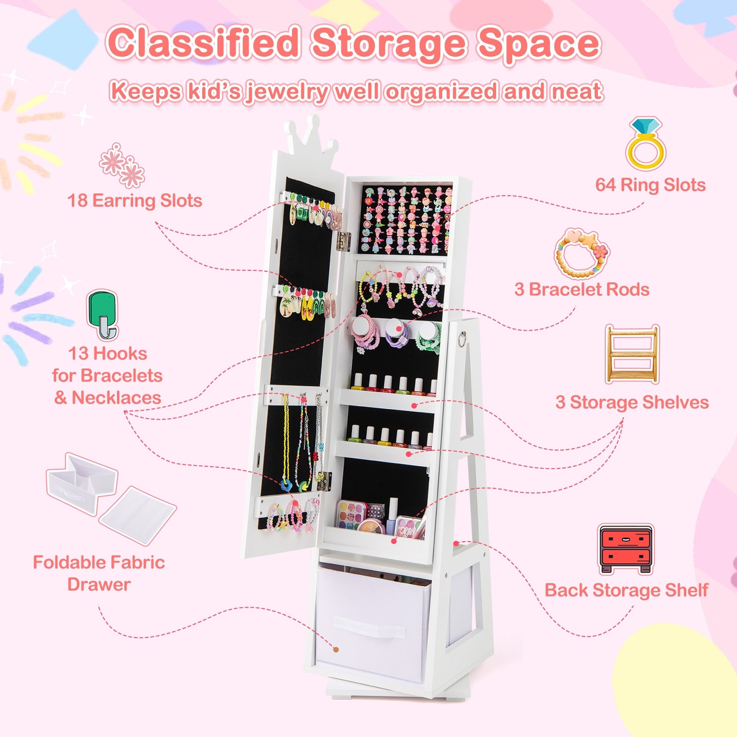 Kids Jewelry Armoire Cabinet with Large Storage Capacity and Swivel Base-White Kids Crystal