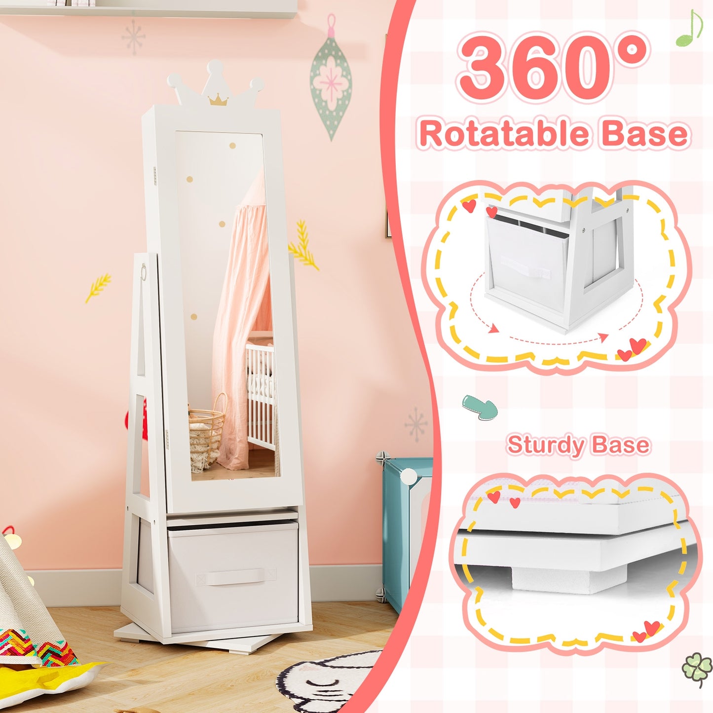 Kids Jewelry Armoire Cabinet with Large Storage Capacity and Swivel Base-White Kids Crystal