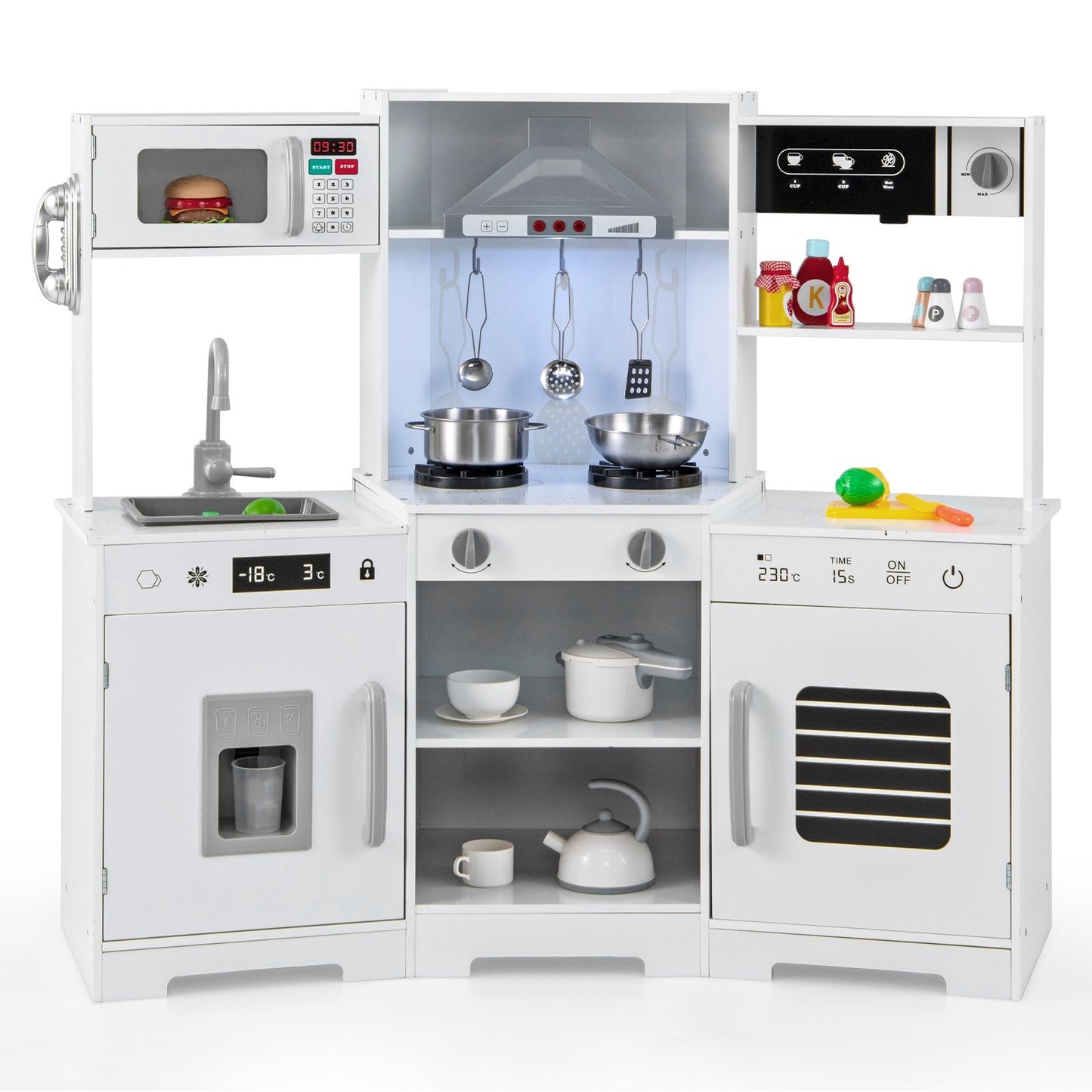 Pretend Play Kitchen Wooden Toy Set with Range Hood Real Sounds and Lights-White Kids Crystal