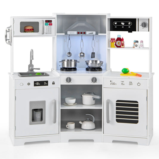 Pretend Play Kitchen Wooden Toy Set with Range Hood Real Sounds and Lights-White Kids Crystal