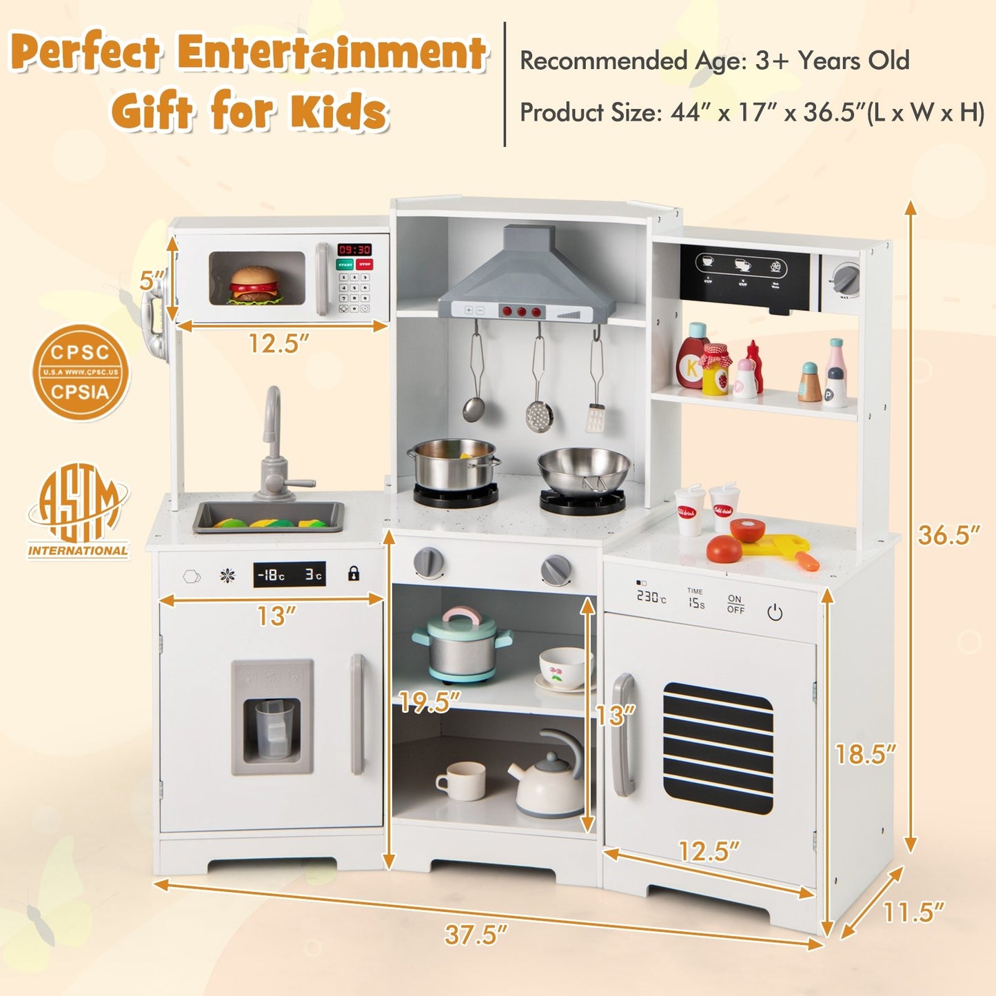 Pretend Play Kitchen Wooden Toy Set with Range Hood Real Sounds and Lights-White Kids Crystal