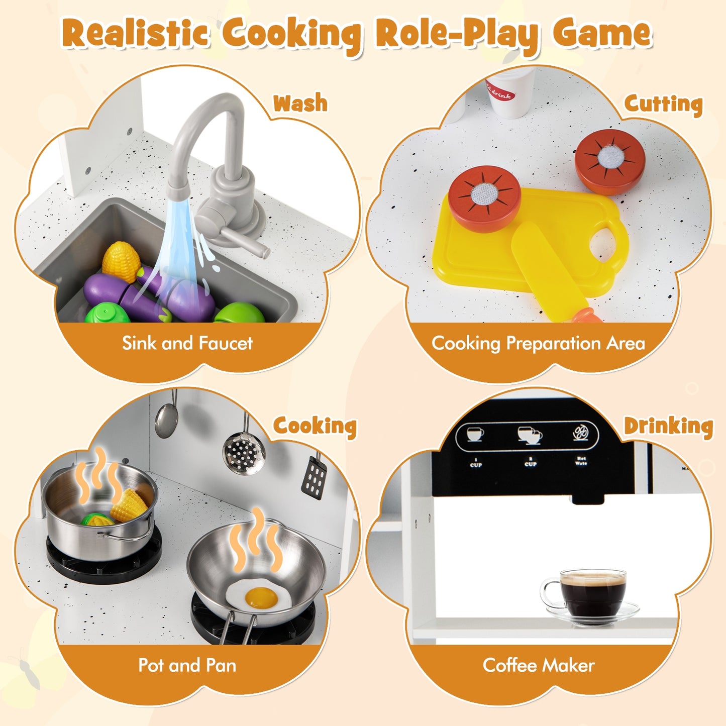 Pretend Play Kitchen Wooden Toy Set with Range Hood Real Sounds and Lights-White Kids Crystal