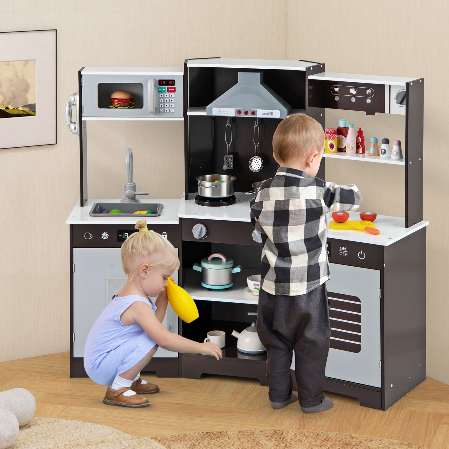 Pretend Play Kitchen Wooden Toy Set with Range Hood Real Sounds and Lights-Brown Kids Crystal