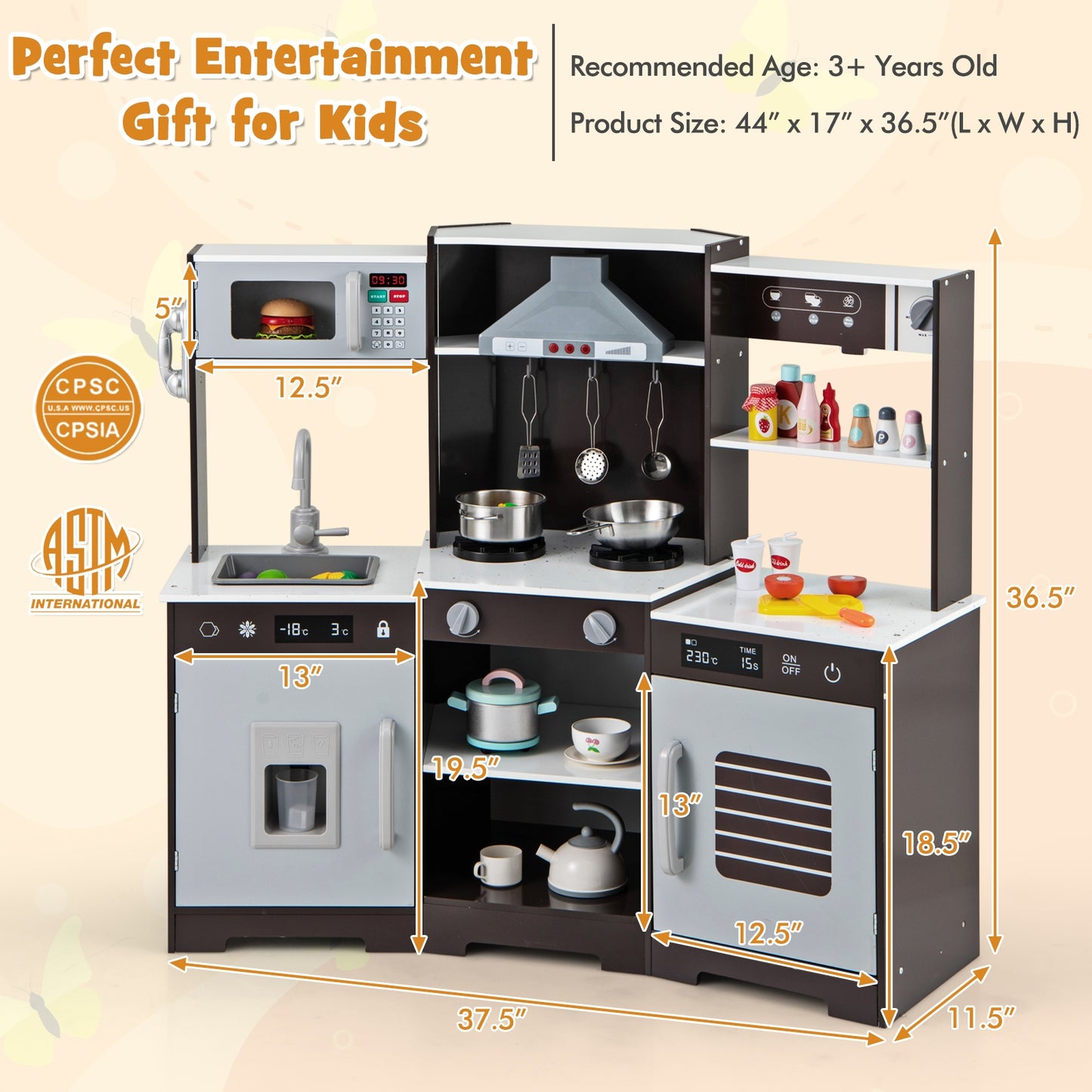 Pretend Play Kitchen Wooden Toy Set with Range Hood Real Sounds and Lights-Brown Kids Crystal