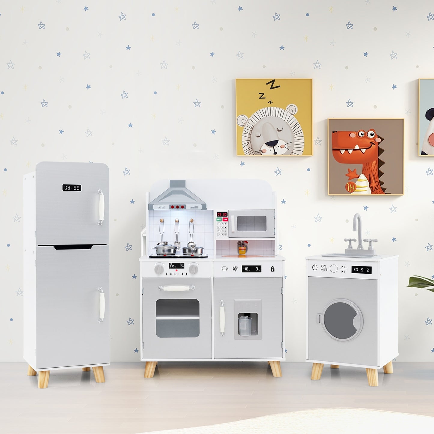 Kids Kitchen Playset 3-in-1 with Refrigerator and Washing Machine-Gray Kids Crystal