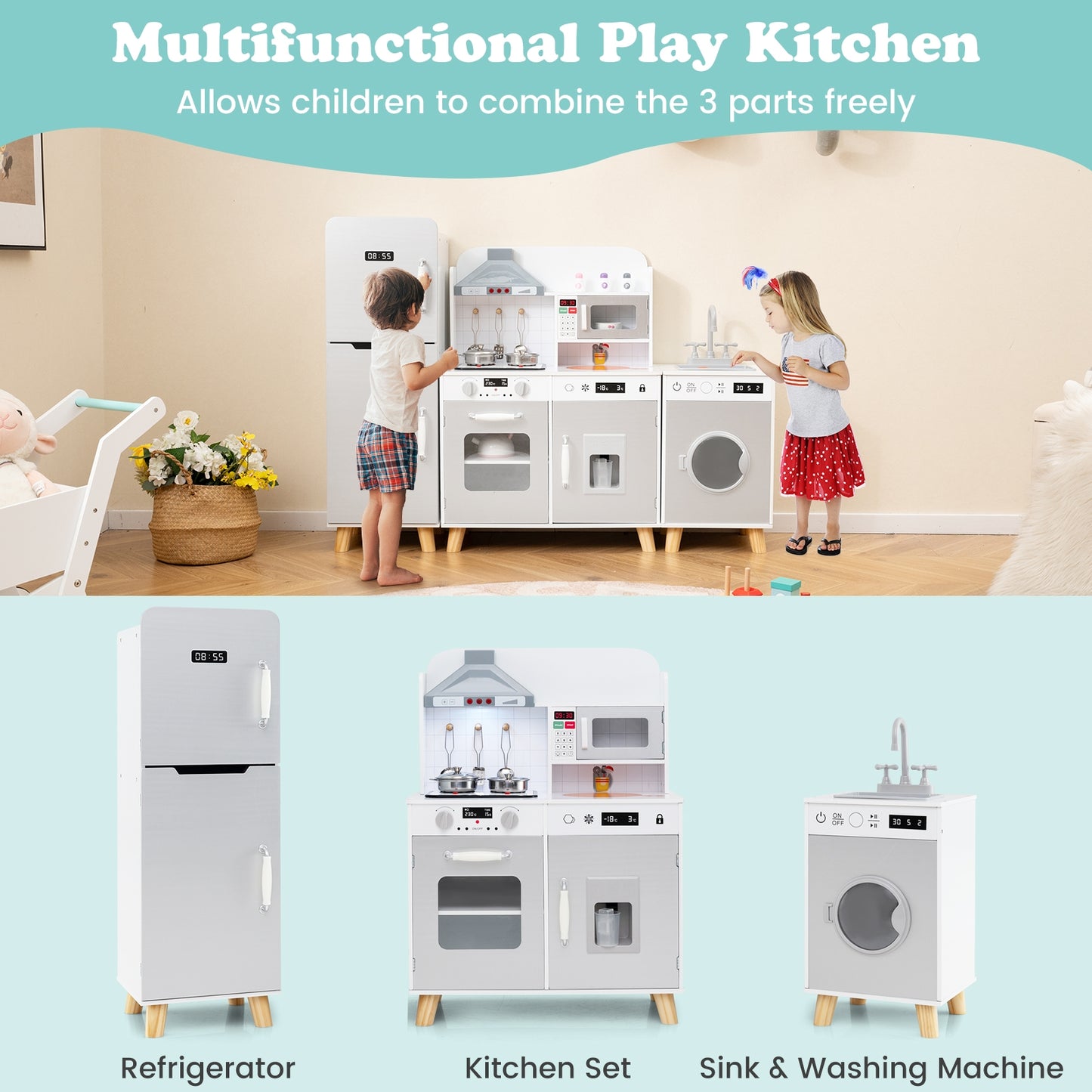 Kids Kitchen Playset 3-in-1 with Refrigerator and Washing Machine-Gray Kids Crystal