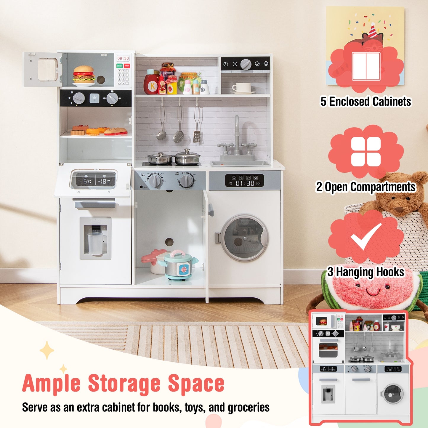 Pretend Play Kitchen Wooden Toy Set Kitchen Accessory Playset with Real Lights Sounds-White Kids Crystal