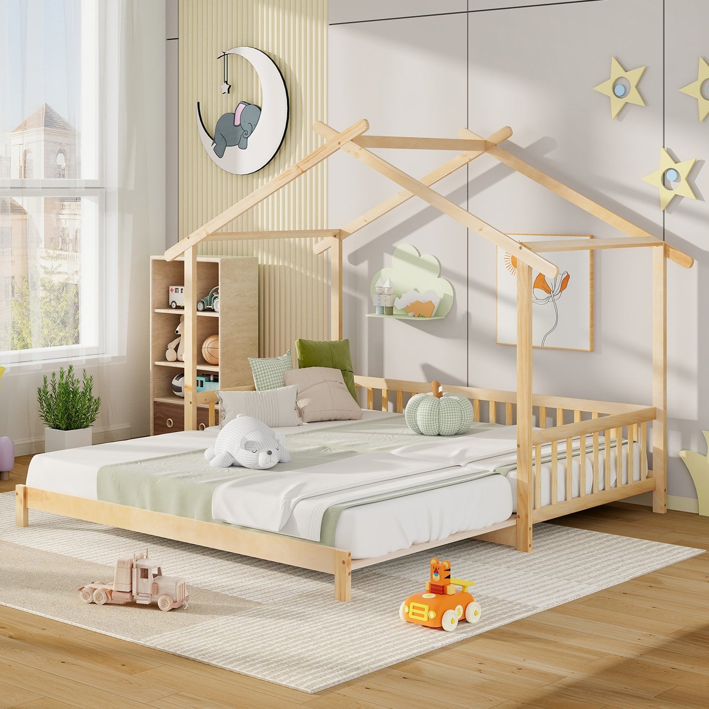 Extendable House Bed Twin to King Daybed with Roof and Fence Rails-Natural Kids Crystal