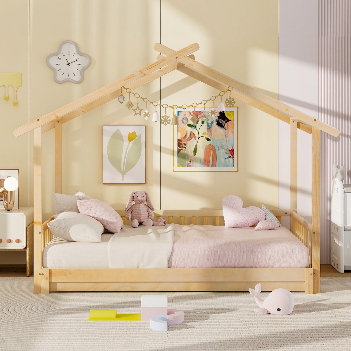 Extendable House Bed Twin to King Daybed with Roof and Fence Rails-Natural Kids Crystal