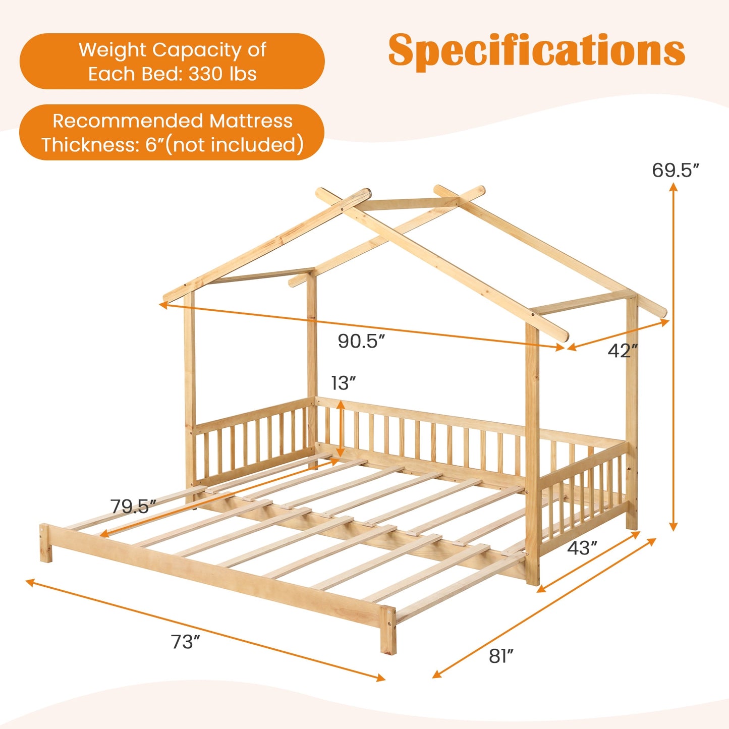 Extendable House Bed Twin to King Daybed with Roof and Fence Rails-Natural Kids Crystal