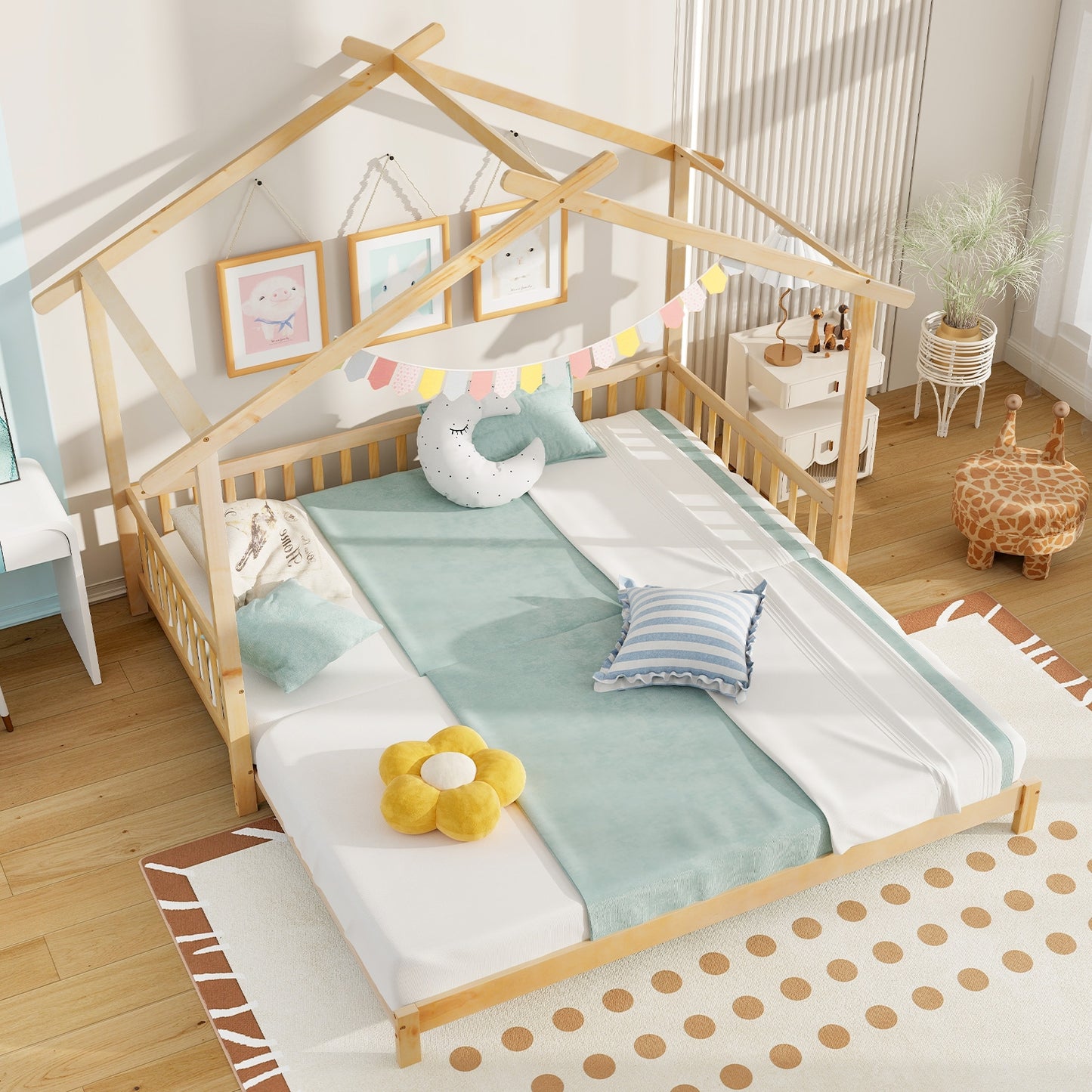 Extendable House Bed Twin to King Daybed with Roof and Fence Rails-Natural Kids Crystal