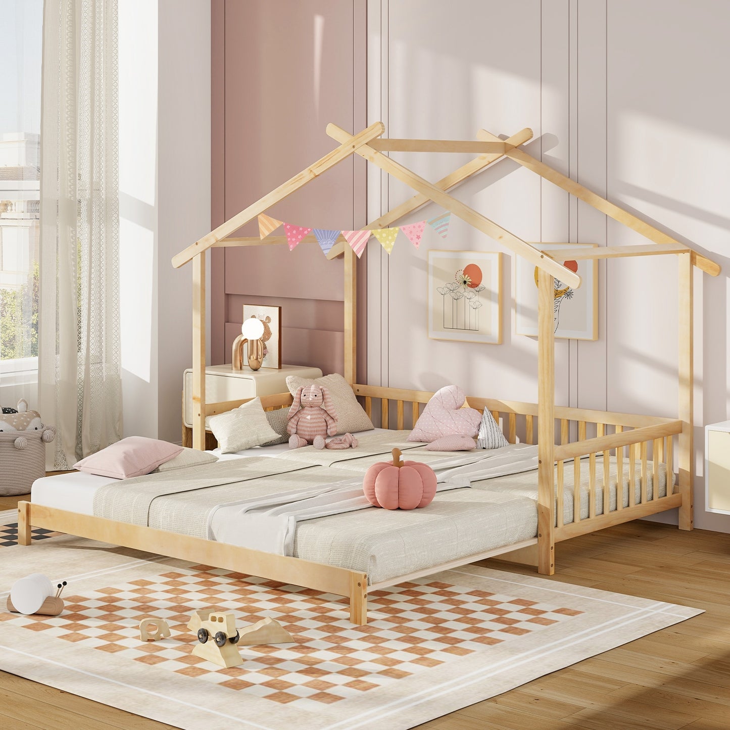 Extendable House Bed Twin to King Daybed with Roof and Fence Rails-Natural Kids Crystal