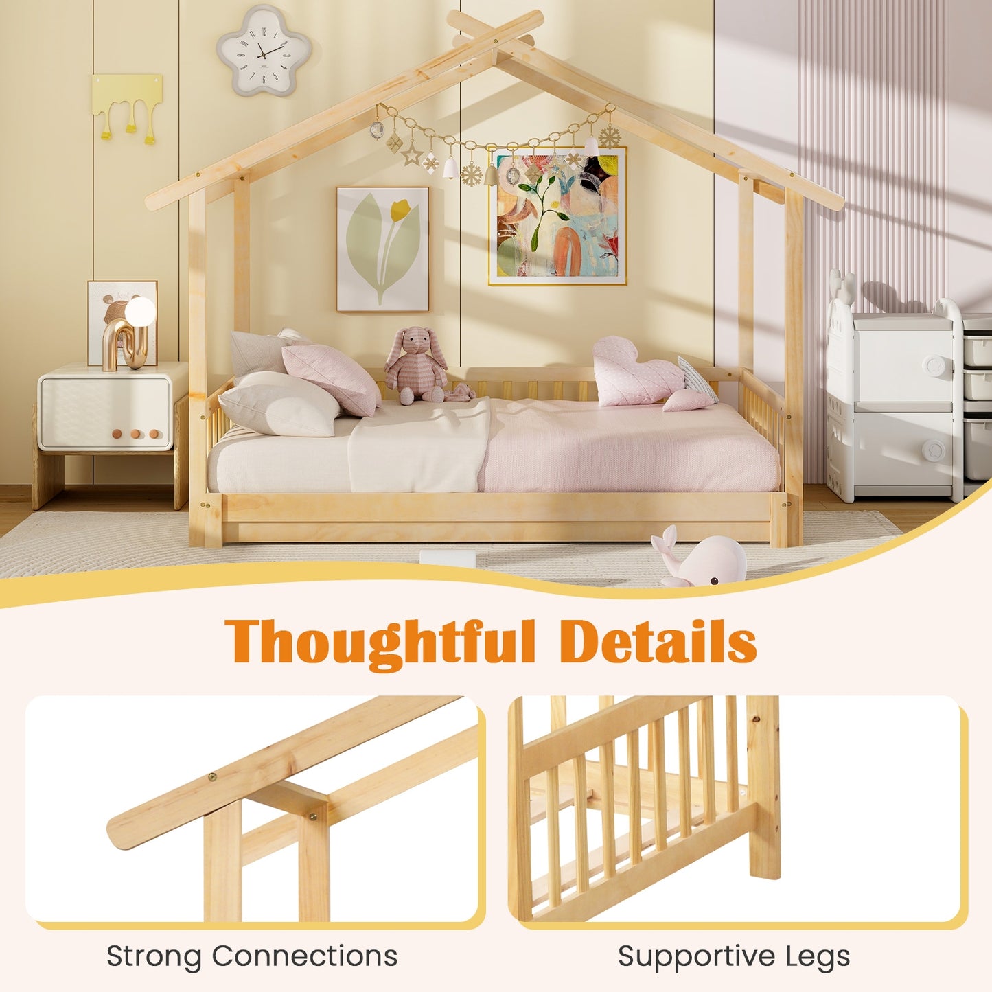 Extendable House Bed Twin to King Daybed with Roof and Fence Rails-Natural Kids Crystal