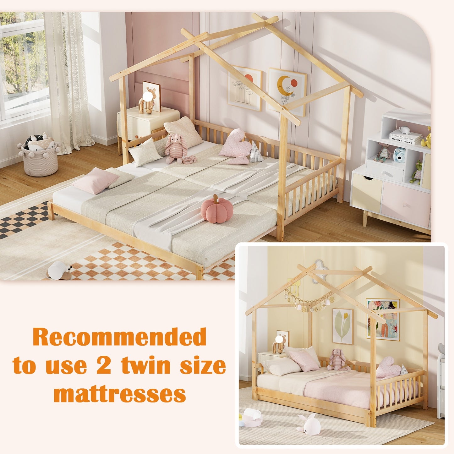 Extendable House Bed Twin to King Daybed with Roof and Fence Rails-Natural Kids Crystal