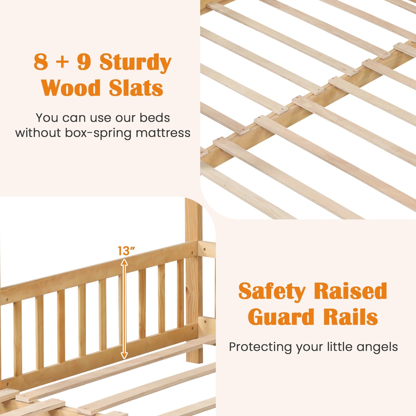 Extendable House Bed Twin to King Daybed with Roof and Fence Rails-Natural Kids Crystal