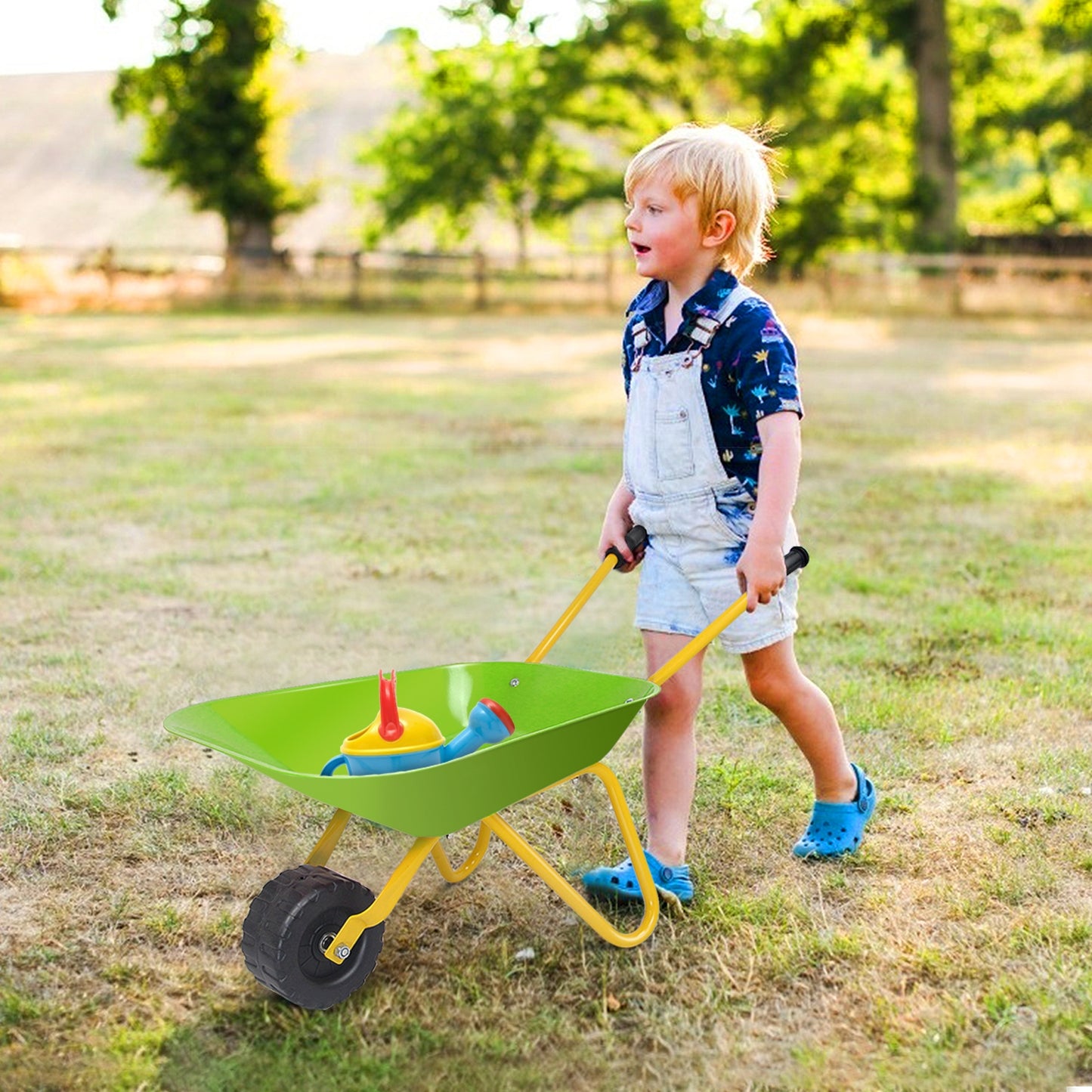 Outdoor Garden Backyard Play Toy Kids Metal Wheelbarrow-Light Green Kids Crystal