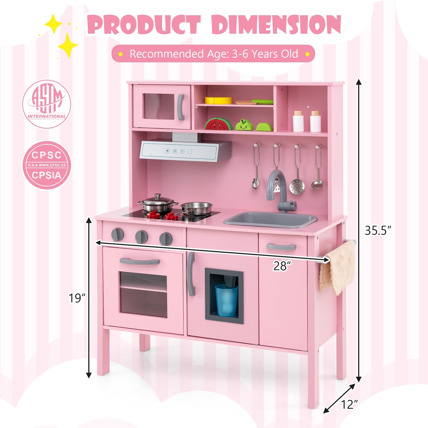 Wooden Pretend Play Kitchen Set for Toddlers-Pink Kids Crystal