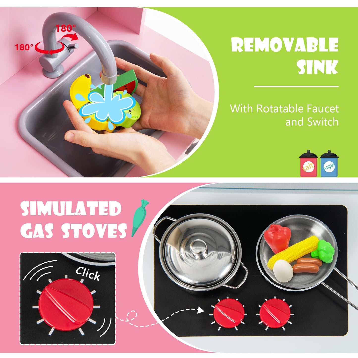 Wooden Pretend Play Kitchen Set for Toddlers-Pink Kids Crystal