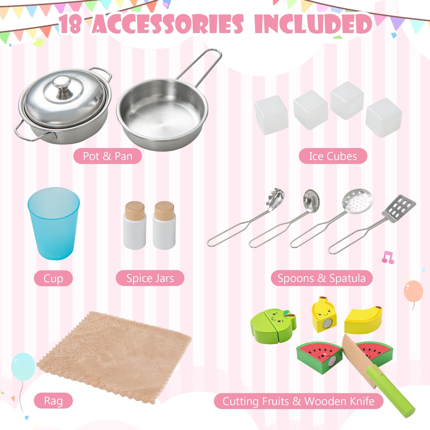 Wooden Pretend Play Kitchen Set for Toddlers-Pink Kids Crystal