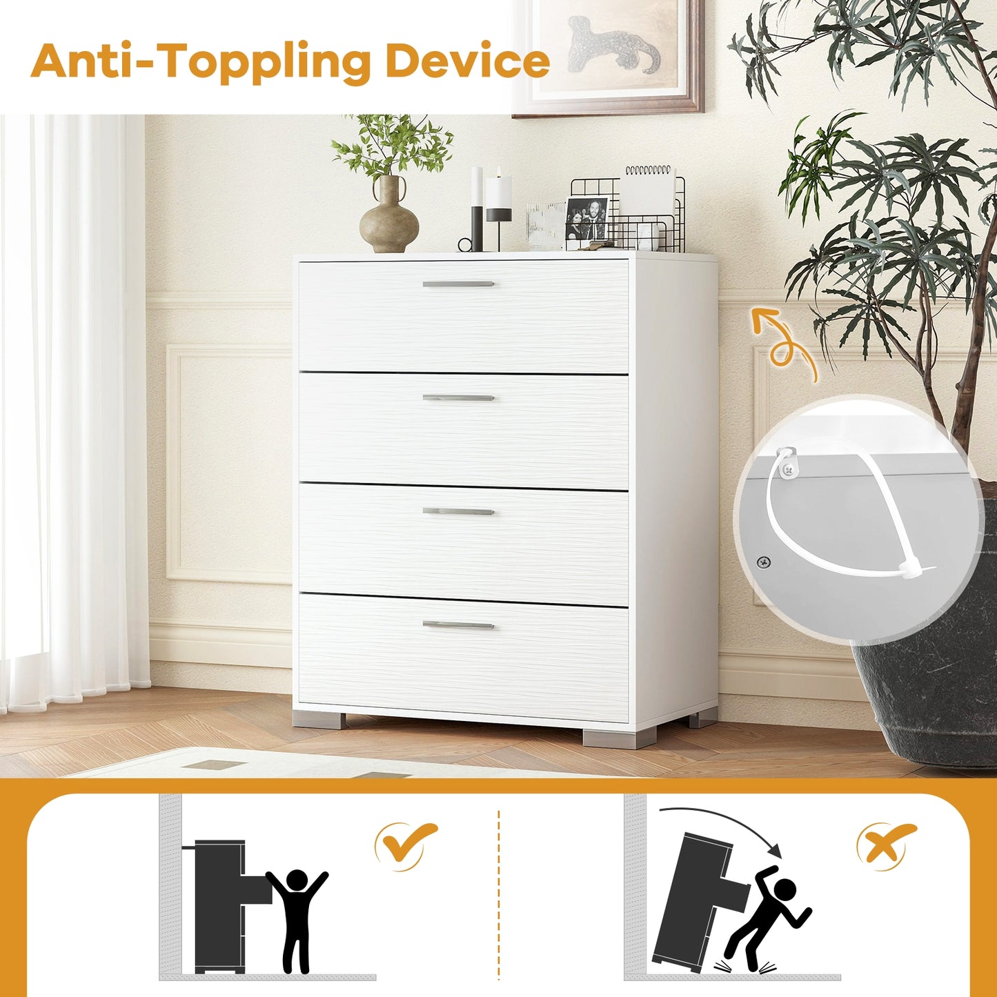 4 Drawer Storage Cabinet with Metal Legs Handles with Anti-Toppling Devices-White Kids Crystal