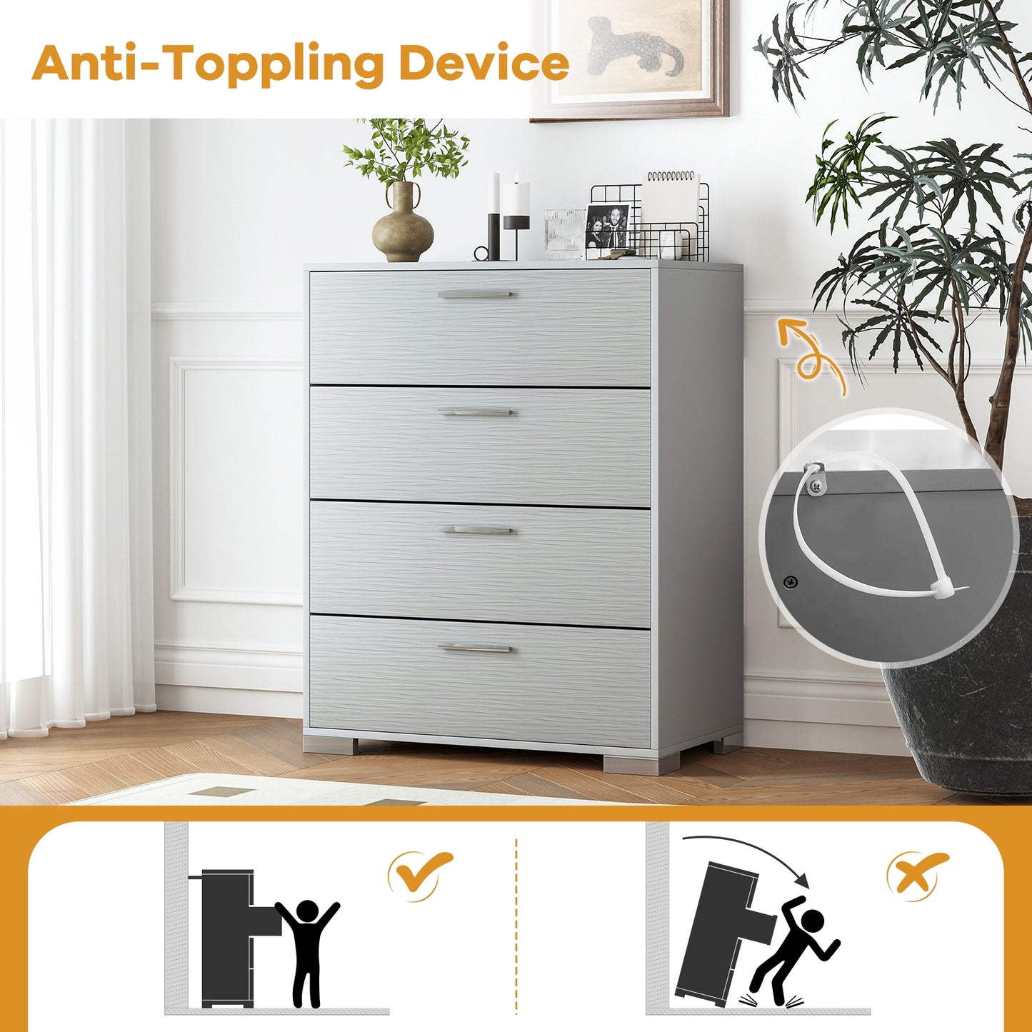 4 Drawer Storage Cabinet with Metal Legs Handles with Anti-Toppling Devices-Gray Kids Crystal