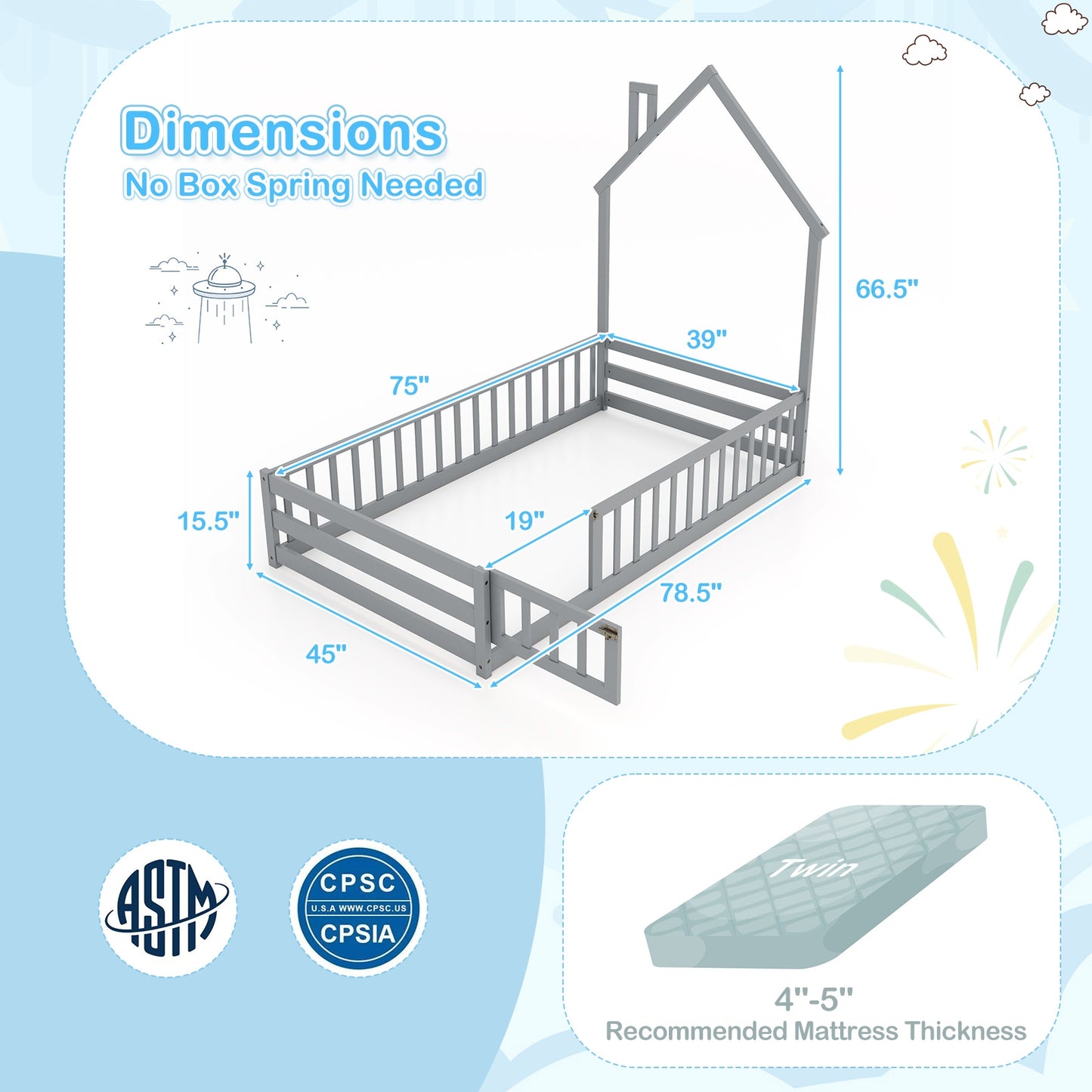 Twin Size Montessori Floor Bed with Lockable Door and Full-Length Guardrail-Gray Kids Crystal