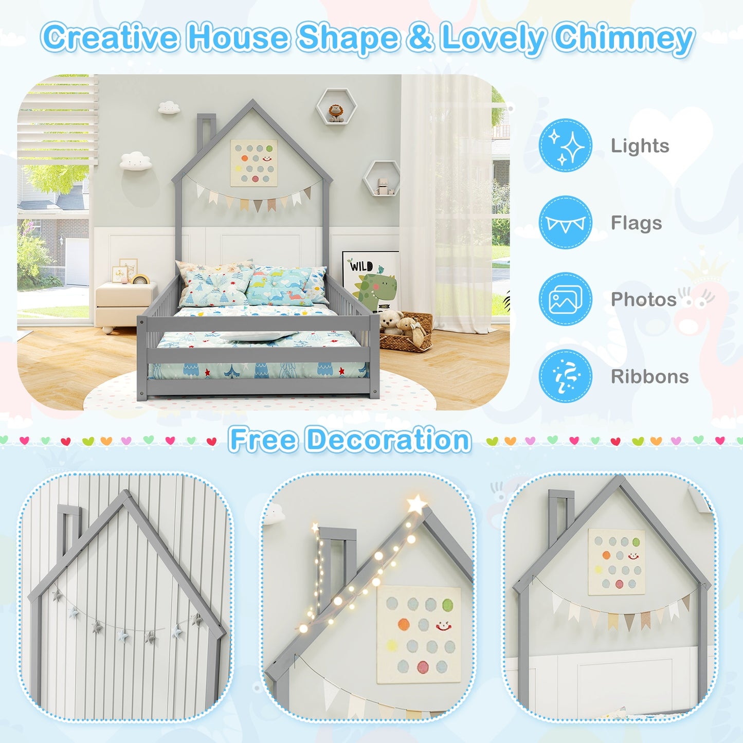 Twin Size Montessori Floor Bed with Lockable Door and Full-Length Guardrail-Gray Kids Crystal