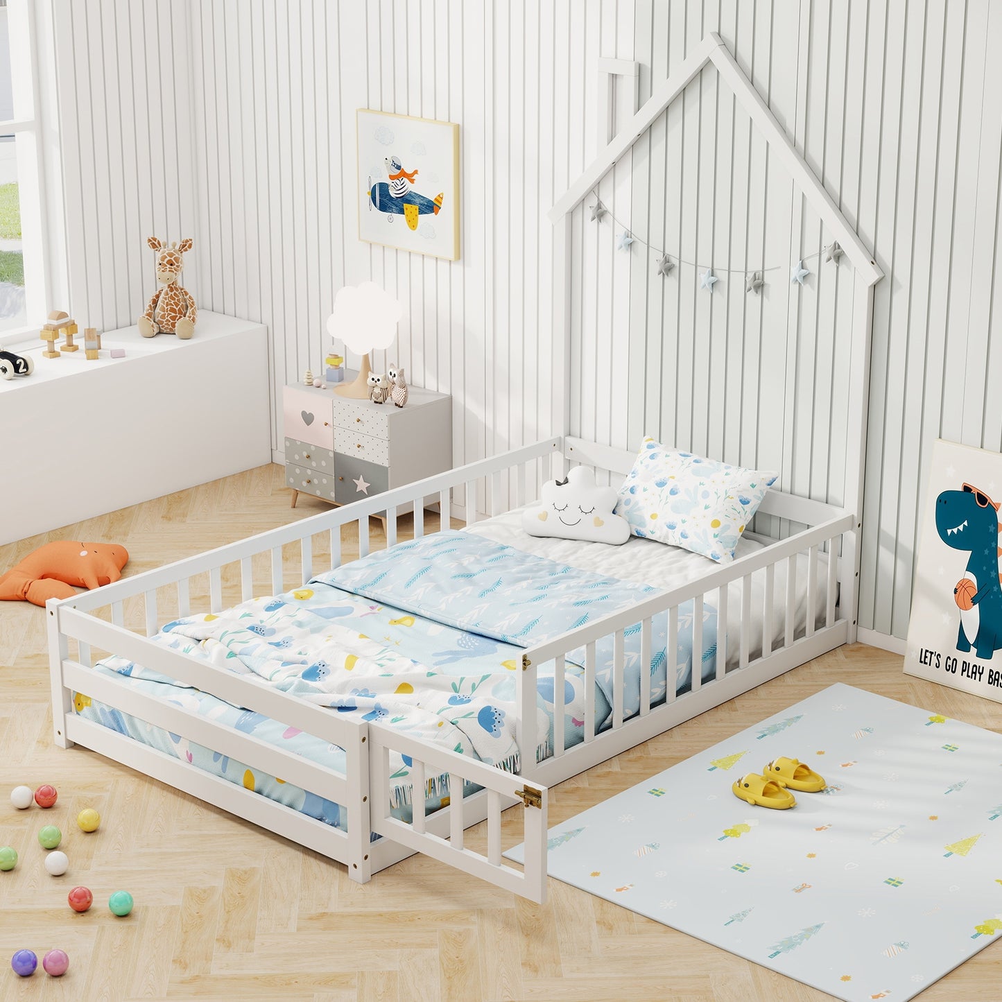 Twin Size Montessori Floor Bed with Lockable Door and Full-Length Guardrail-White Kids Crystal