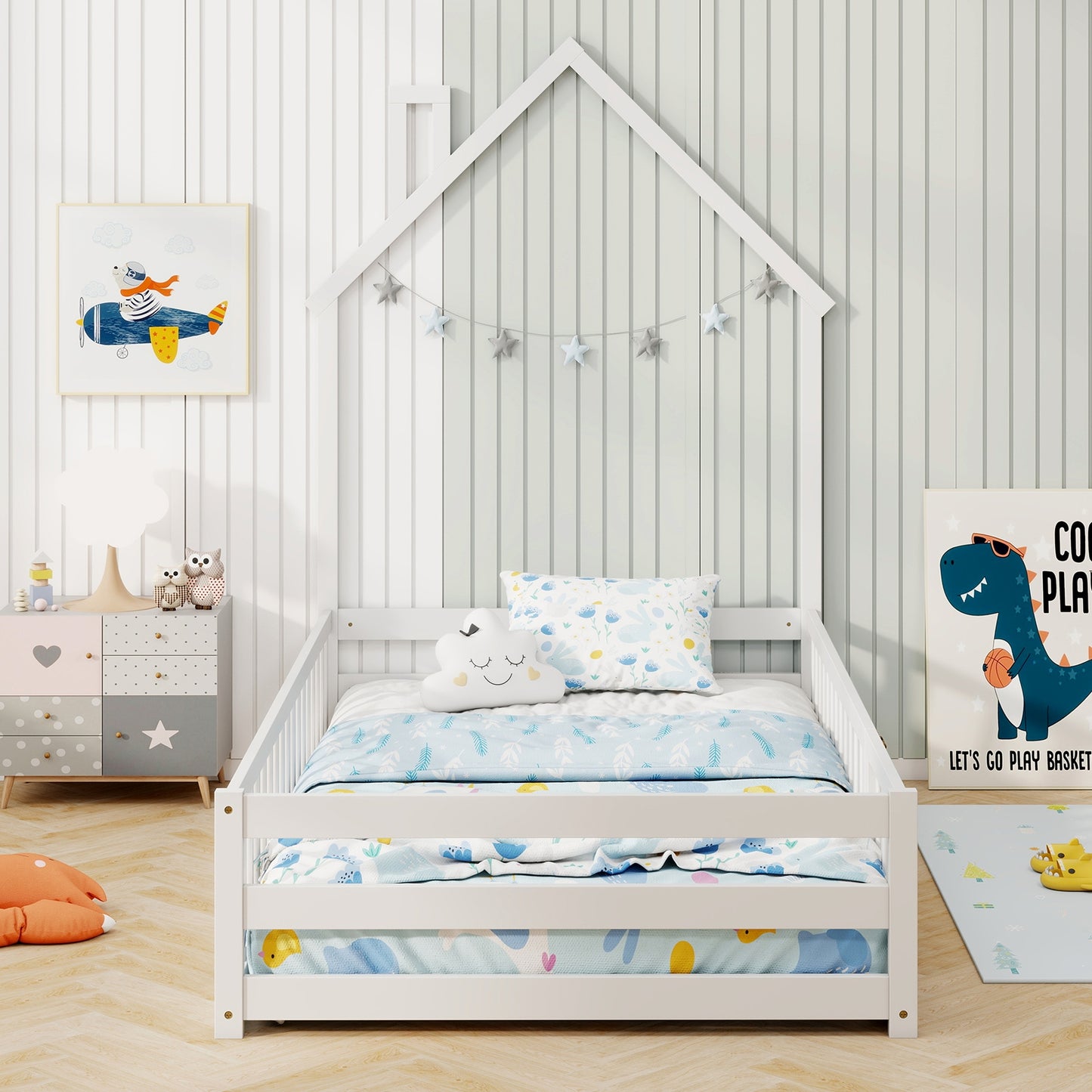 Twin Size Montessori Floor Bed with Lockable Door and Full-Length Guardrail-White Kids Crystal