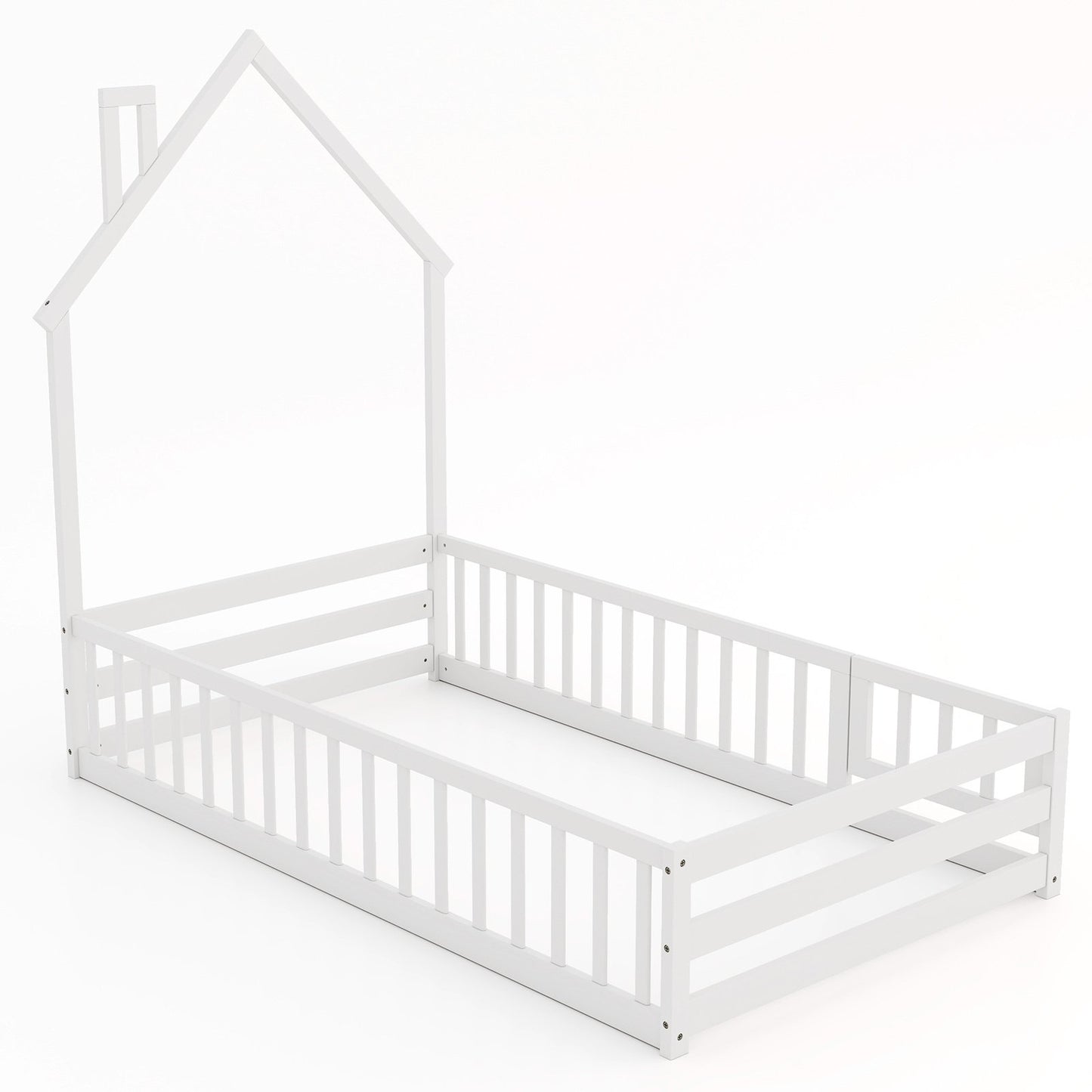 Twin Size Montessori Floor Bed with Lockable Door and Full-Length Guardrail-White Kids Crystal