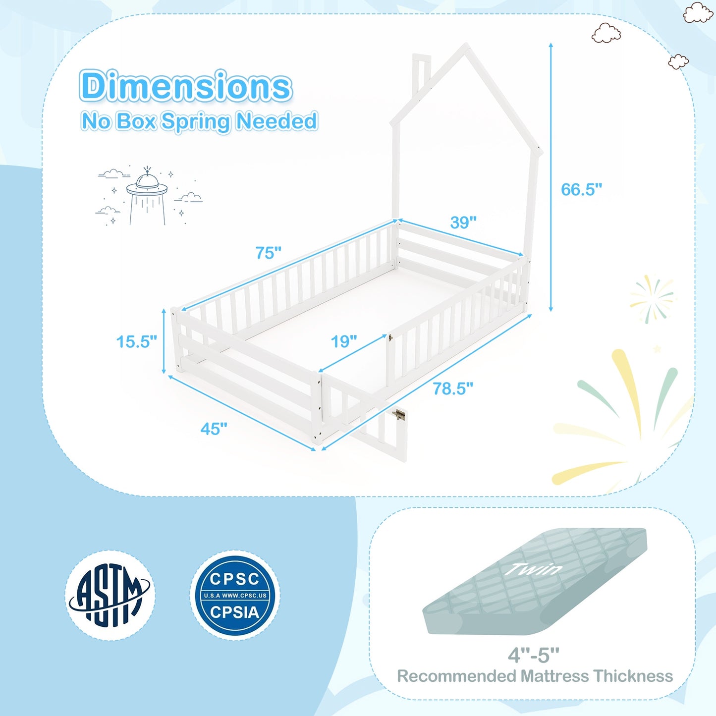 Twin Size Montessori Floor Bed with Lockable Door and Full-Length Guardrail-White Kids Crystal