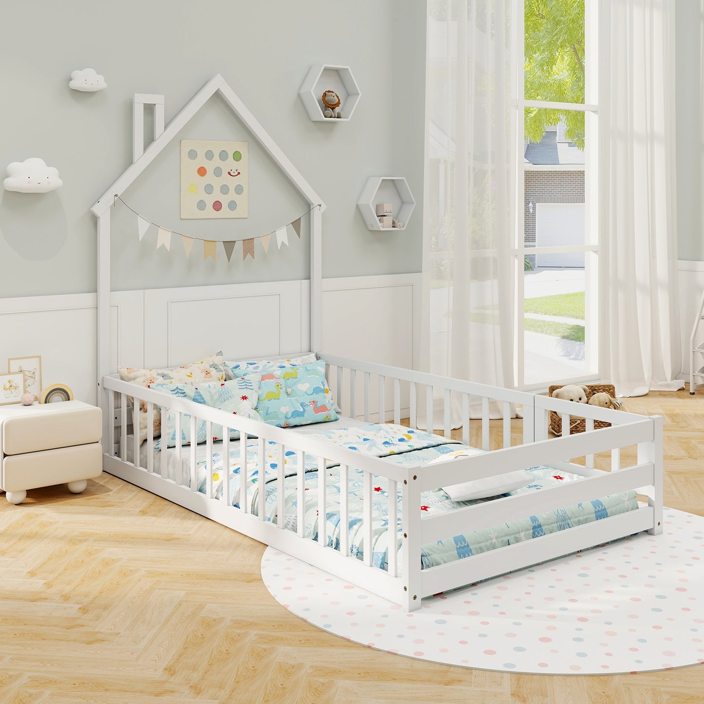 Twin Size Montessori Floor Bed with Lockable Door and Full-Length Guardrail-White Kids Crystal