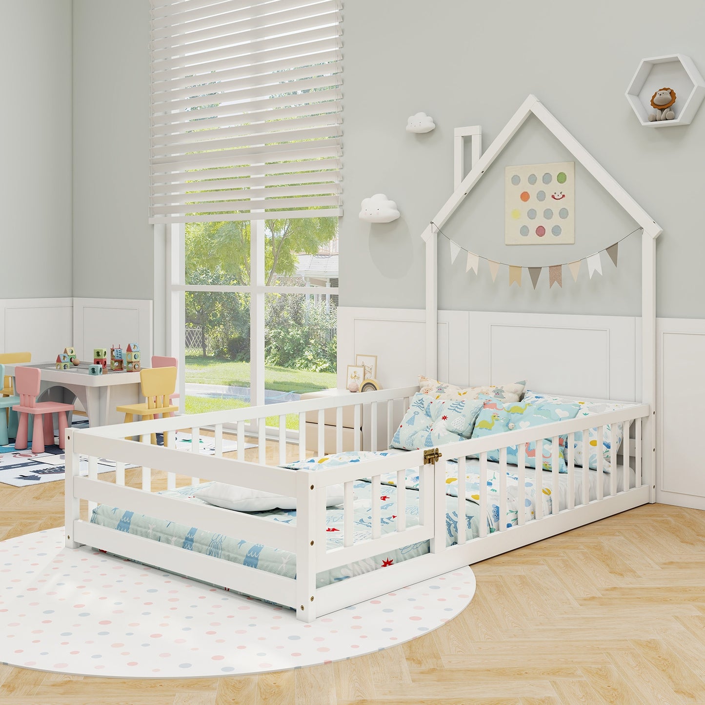 Twin Size Montessori Floor Bed with Lockable Door and Full-Length Guardrail-White Kids Crystal