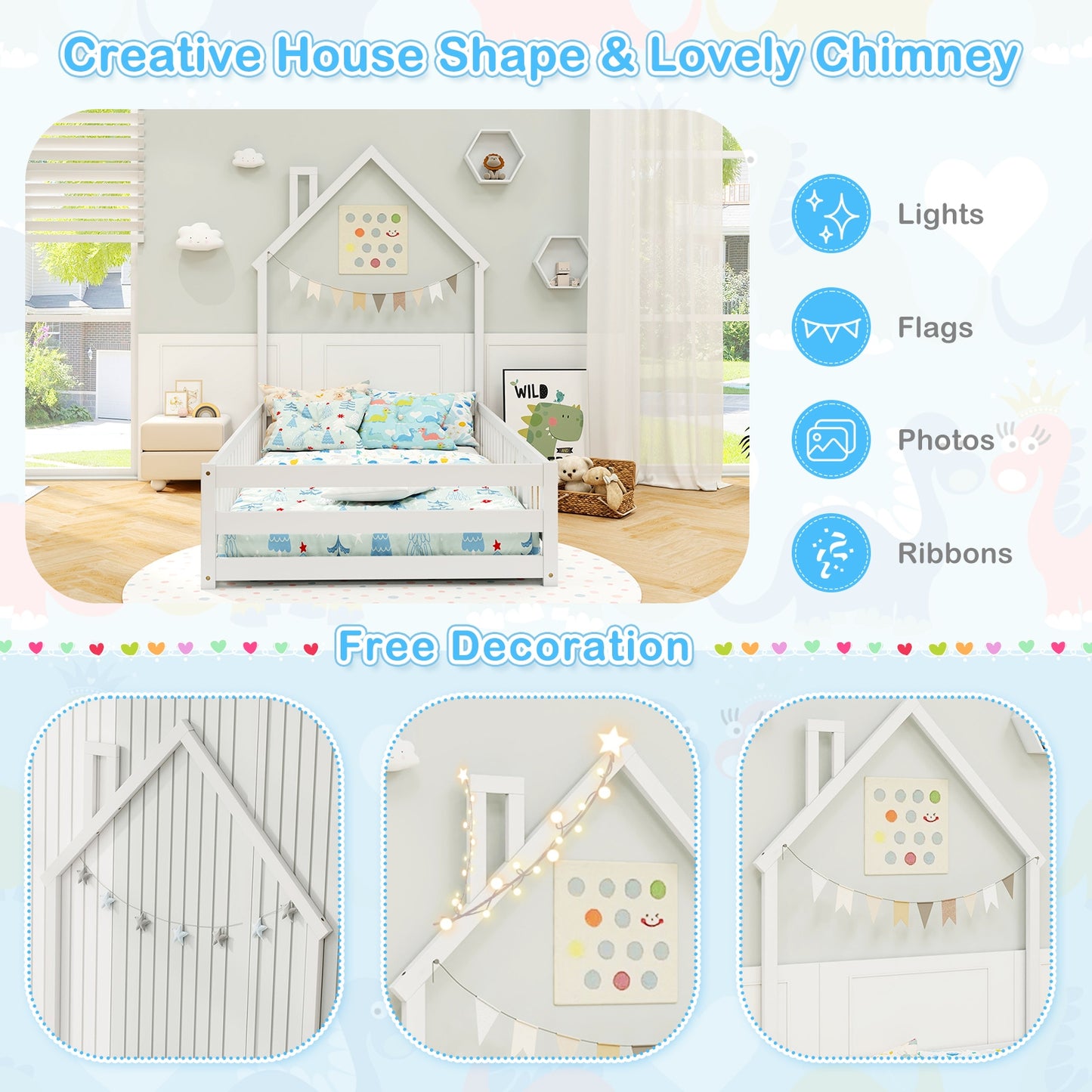 Twin Size Montessori Floor Bed with Lockable Door and Full-Length Guardrail-White Kids Crystal