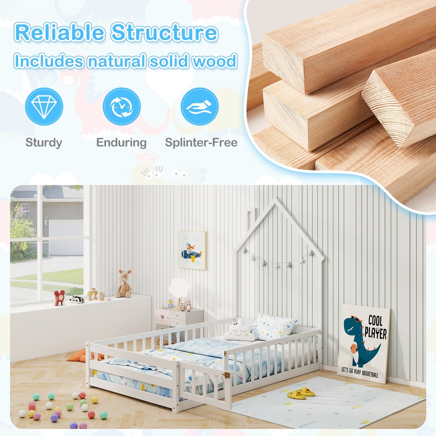 Twin Size Montessori Floor Bed with Lockable Door and Full-Length Guardrail-White Kids Crystal