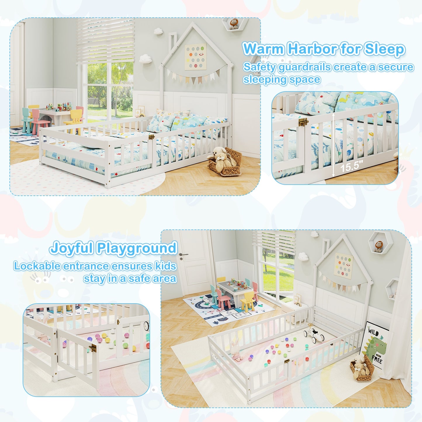 Twin Size Montessori Floor Bed with Lockable Door and Full-Length Guardrail-White Kids Crystal