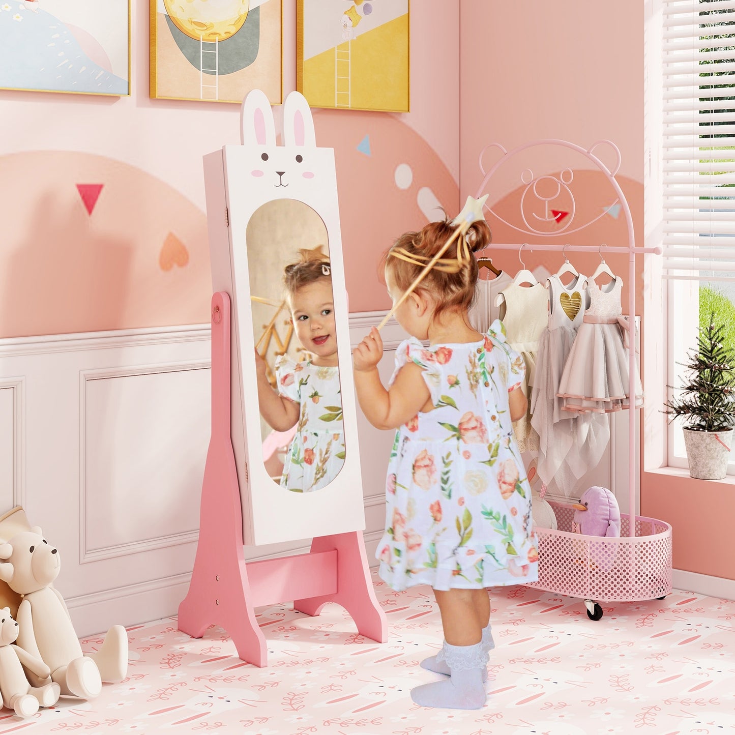 Kids Jewelry Armoire Cabinet with 2 Tilt Angles and Large Capacity-White Kids Crystal