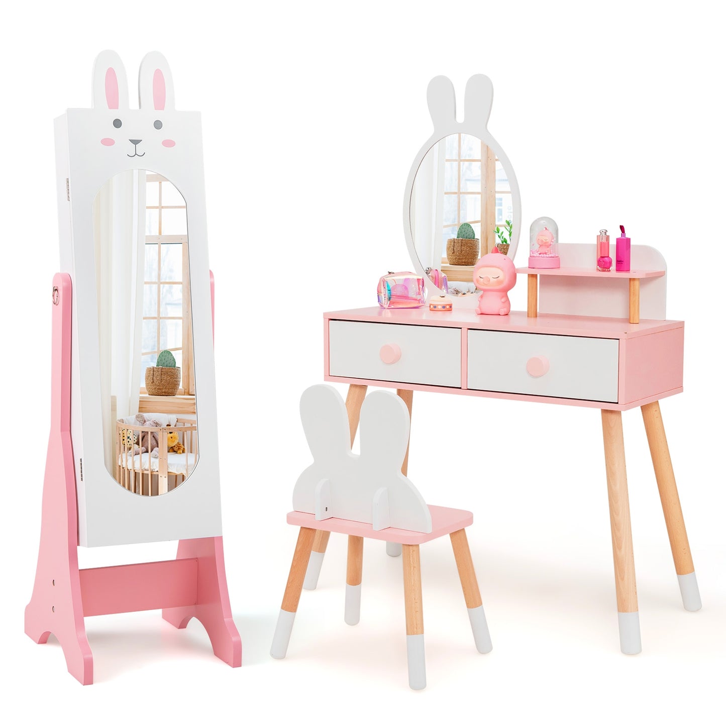 Kids Jewelry Armoire Cabinet with 2 Tilt Angles and Large Capacity-White Kids Crystal
