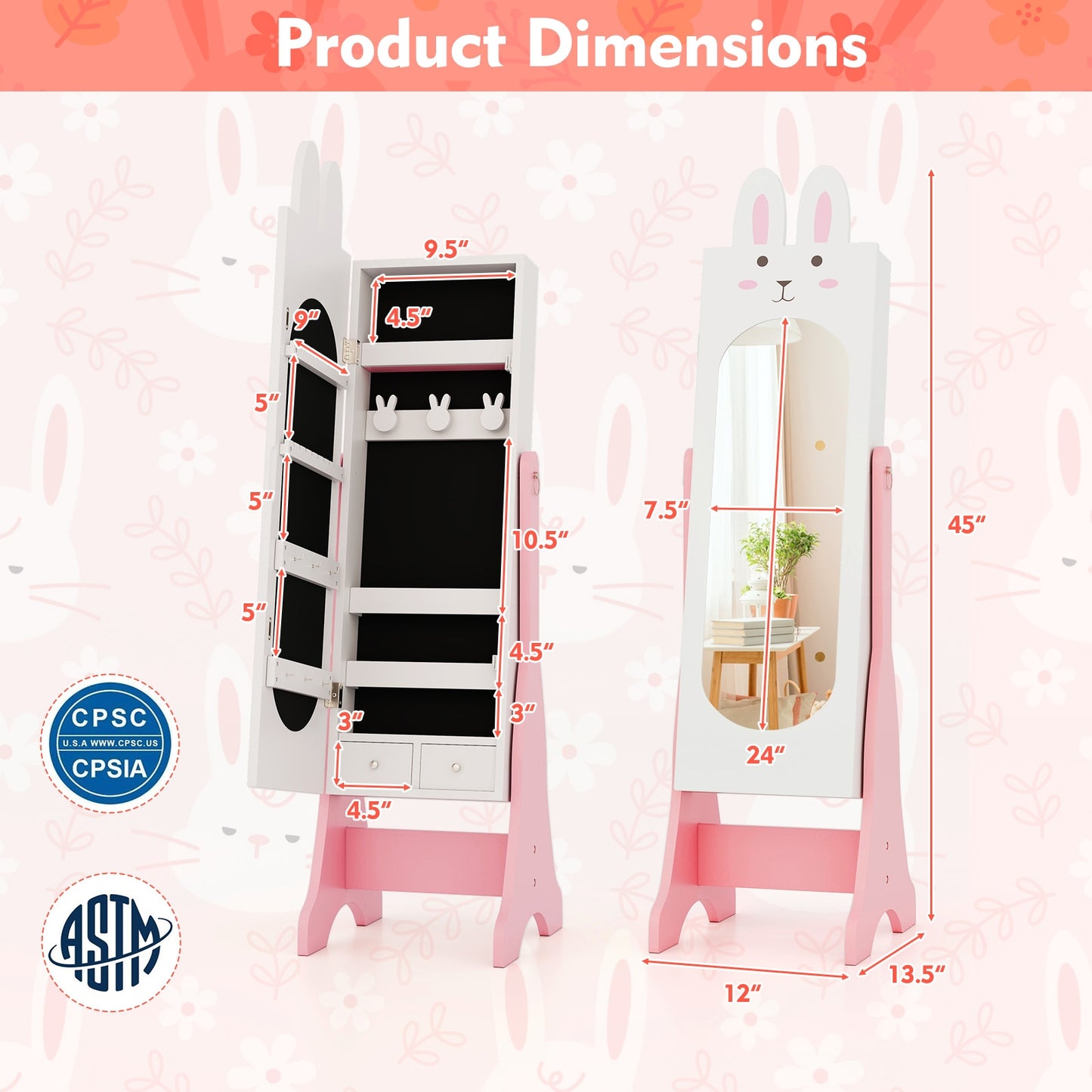 Kids Jewelry Armoire Cabinet with 2 Tilt Angles and Large Capacity-White Kids Crystal