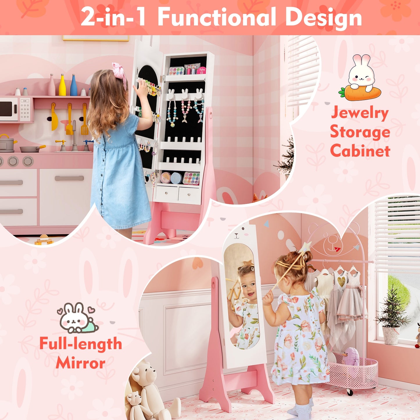 Kids Jewelry Armoire Cabinet with 2 Tilt Angles and Large Capacity-White Kids Crystal